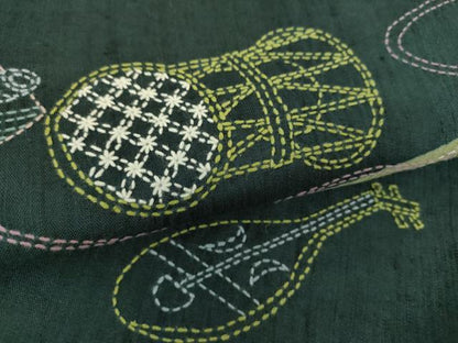 平和屋着物●袋帯　紬地　刺し子　総刺繍　楽器文　正絹　逸品　DABD1529ps