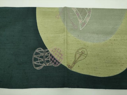平和屋着物●袋帯　紬地　刺し子　総刺繍　楽器文　正絹　逸品　DABD1529ps