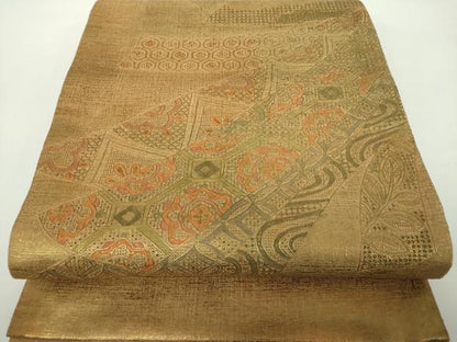 平和屋着物●中国三大刺繍　スワトウ相良刺繍　汕頭相良刺繍　太鼓柄袋帯　紬地　花熨斗文　金彩　正絹　逸品　DABD1561ps