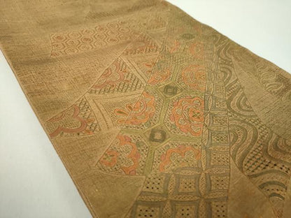 平和屋着物●中国三大刺繍　スワトウ相良刺繍　汕頭相良刺繍　太鼓柄袋帯　紬地　花熨斗文　金彩　正絹　逸品　DABD1561ps
