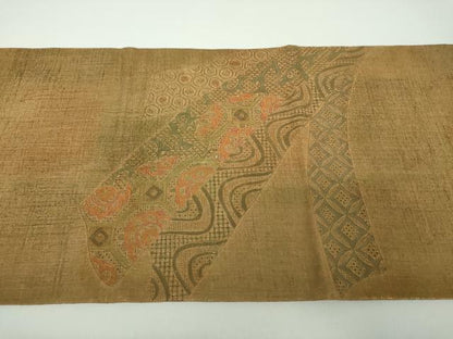 平和屋着物●中国三大刺繍　スワトウ相良刺繍　汕頭相良刺繍　太鼓柄袋帯　紬地　花熨斗文　金彩　正絹　逸品　DABD1561ps