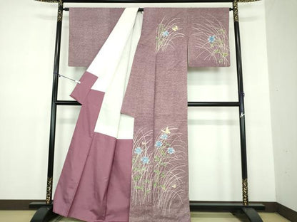 平和屋着物●訪問着　紬地　ろうけつ染め　舞蝶花文　正絹　逸品　DABD1574ps