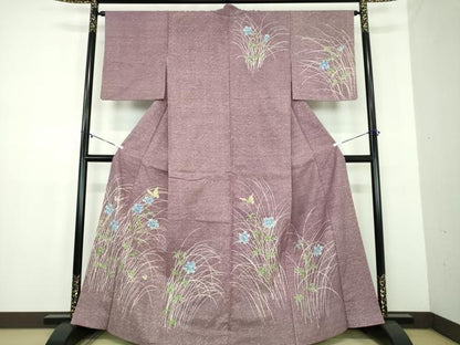 平和屋着物●訪問着　紬地　ろうけつ染め　舞蝶花文　正絹　逸品　DABD1574ps