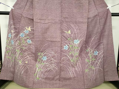 平和屋着物●訪問着　紬地　ろうけつ染め　舞蝶花文　正絹　逸品　DABD1574ps