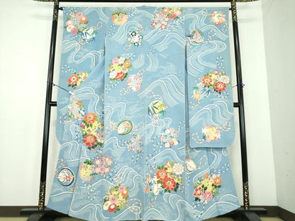 平和屋着物●豪華振袖　作家物　刺繍　型染　立波吉祥花丸文　鬼しぼ縮緬　金彩　正絹　逸品　DABD1580ps