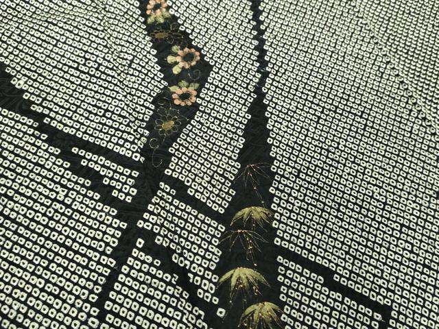 平和屋着物●訪問着　総絞り　手描き　笹竹花文　黒地　金彩　鈴乃屋扱い　正絹　逸品　DABD1581ps