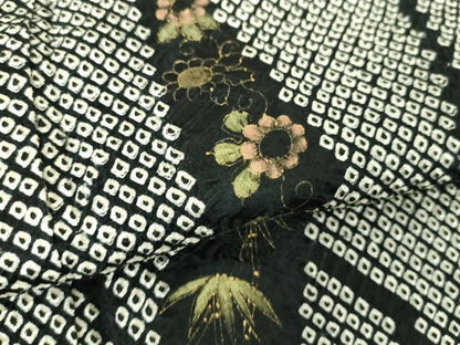 平和屋着物●訪問着　総絞り　手描き　笹竹花文　黒地　金彩　鈴乃屋扱い　正絹　逸品　DABD1581ps
