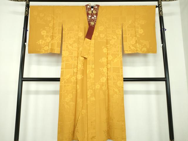 平和屋着物●上質な長襦袢　無双仕立て　半衿刺繍　飛鶴桜地紋　山吹茶色　やまと誂製　正絹　逸品　DABD1596ps 平和屋着物○上質な長襦袢 無双仕立て 半衿刺繍 飛鶴桜地紋