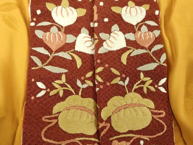 平和屋着物●上質な長襦袢　無双仕立て　半衿刺繍　飛鶴桜地紋　山吹茶色　やまと誂製　正絹　逸品　DABD1596ps 平和屋着物○上質な長襦袢 無双仕立て 半衿刺繍 飛鶴桜地紋