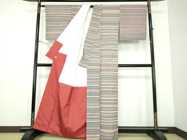 平和屋着物●上質な紬　横段文　鈴乃屋扱い　正絹　逸品　未使用　DABD1611ps