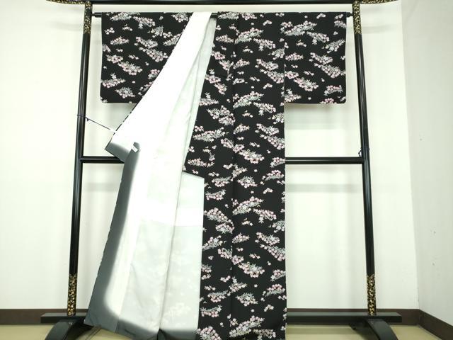 平和屋着物●上質な小紋　鹿の子花文　黒地　正絹　逸品　DABD1616ps