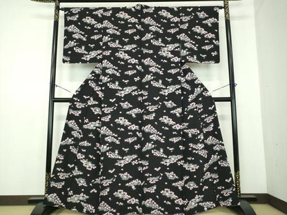 平和屋着物●上質な小紋　鹿の子花文　黒地　正絹　逸品　DABD1616ps