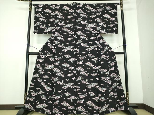 平和屋着物●上質な小紋　鹿の子花文　黒地　正絹　逸品　DABD1616ps