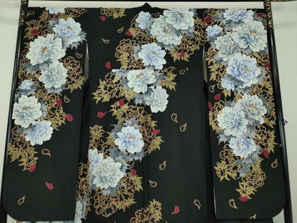 平和屋着物●豪華振袖　刺繍　Luxjewel　牡丹文　黒地　金彩　正絹　逸品　DABD1622ps