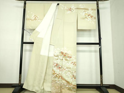 平和屋着物●訪問着　駒刺繍　誰が袖花文　金彩　正絹　逸品　DABD1629ps