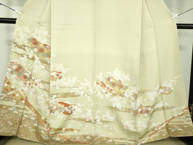 平和屋着物●訪問着　駒刺繍　誰が袖花文　金彩　正絹　逸品　DABD1629ps