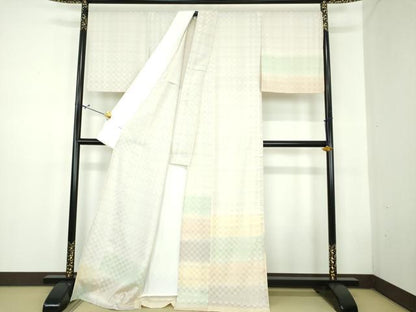 平和屋着物▽訪問着 単衣 お召地 市松文様 ロング丈 正絹 逸品 DABD1633ps