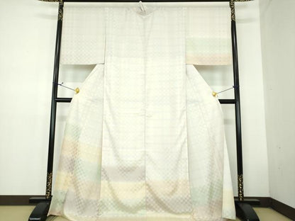 平和屋着物▽訪問着 単衣 お召地 市松文様 ロング丈 正絹 逸品 DABD1633ps