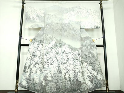 平和屋着物●訪問着　渡橋樹林風景　枝垂れ桜　暈し染め　正絹　逸品　DABD1635ps
