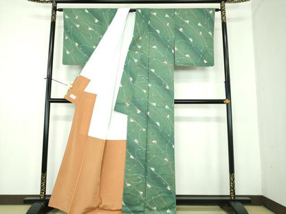平和屋着物●洗える最高級着物　＜英＞はなぶさ謹製　小紋　舞扇　暈し染め　逸品　未使用　DABD1658ps