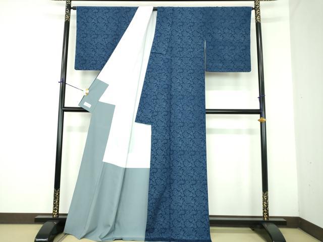 平和屋着物●洗える最高級着物　＜英＞はなぶさ謹製　本藍　型絵染　小紋　更紗花文　逸品　DABD1660ps