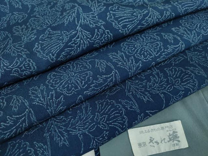 平和屋着物●洗える最高級着物　＜英＞はなぶさ謹製　本藍　型絵染　小紋　更紗花文　逸品　DABD1660ps