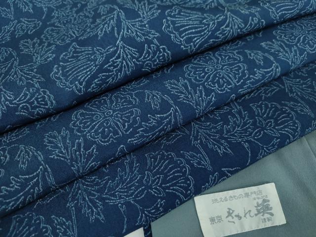 平和屋着物●洗える最高級着物　＜英＞はなぶさ謹製　本藍　型絵染　小紋　更紗花文　逸品　DABD1660ps