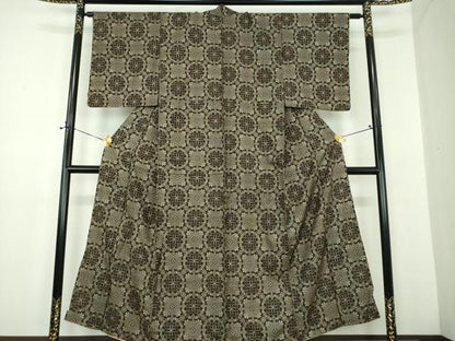 平和屋着物●アンティーク　大正ロマン　本場大島紬　龍郷絣　格子花文　正絹　逸品　DABD1674ps