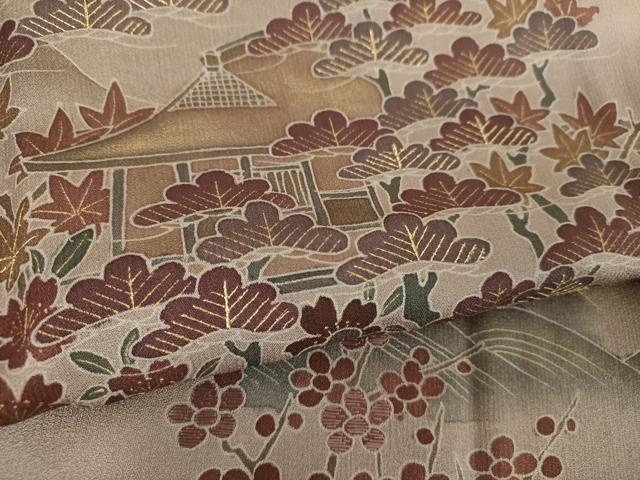 平和屋着物●訪問着　刺繍　渡橋風景花文　暈し染め　金彩　正絹　逸品　DABD1684ps