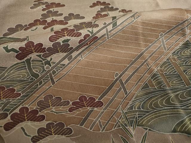 平和屋着物●訪問着　刺繍　渡橋風景花文　暈し染め　金彩　正絹　逸品　DABD1684ps