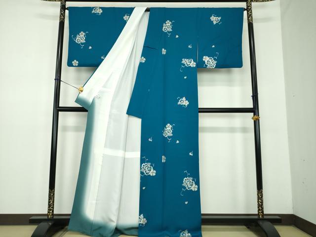 平和屋着物●上質な小紋　舞花文　濃藍色　銀彩　正絹　逸品　DABD1691ps