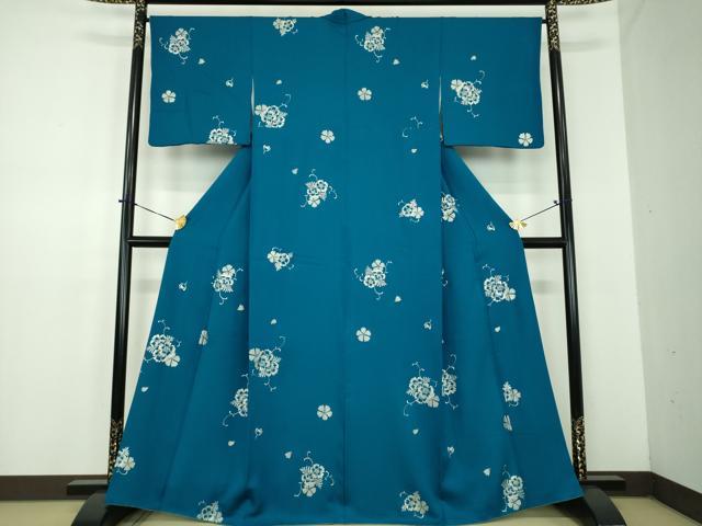 平和屋着物●上質な小紋　舞花文　濃藍色　銀彩　正絹　逸品　DABD1691ps