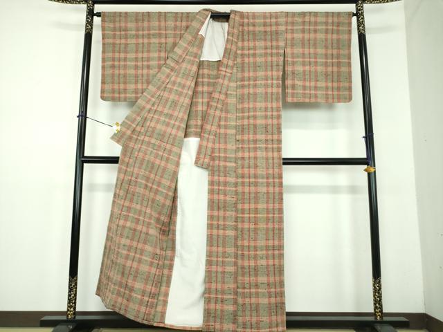 平和屋着物●ざざんざ織　伊兵衛織　単衣　格子　正絹　逸品　DABD1692ps