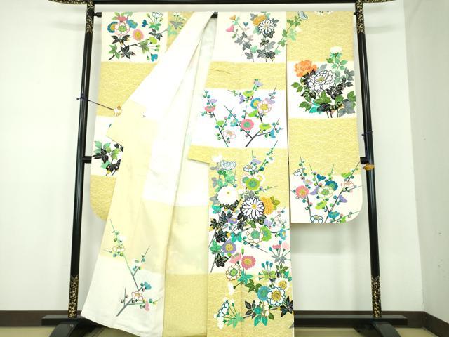 平和屋着物●極上　人間国宝　羽田登喜男　TOKIOetTOKI　振袖　市松枝花文　上代98万　反端付き　正絹　逸品　DABD1693ps