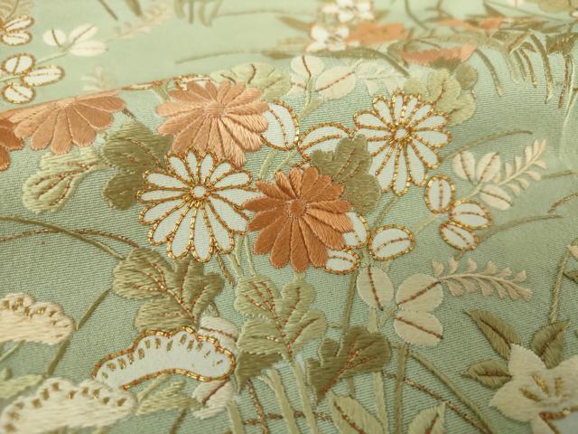 平和屋着物●京都の和装業の老舗一門　千切屋治兵衛　訪問着　駒刺繍　総刺繍　秋草文　金彩　反端付き　正絹　逸品　DABD1698ps