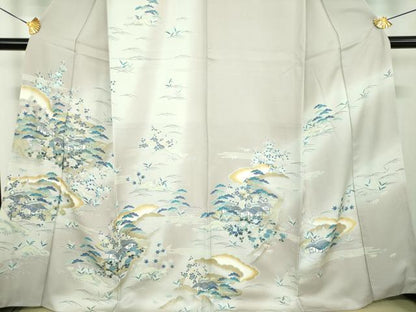 平和屋着物●訪問着　駒刺繍　松竹梅　風景花文　暈し染め　金彩　正絹　逸品　DABD1703ps
