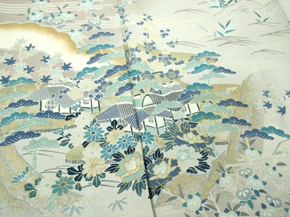 平和屋着物●訪問着　駒刺繍　松竹梅　風景花文　暈し染め　金彩　正絹　逸品　DABD1703ps