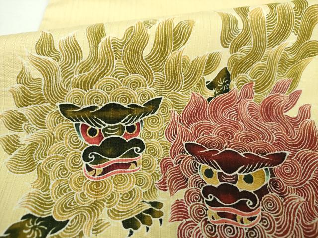平和屋着物●九寸名古屋帯　紬地　作家物　型染　唐獅子に牡丹　正絹　逸品　DABD1707ps