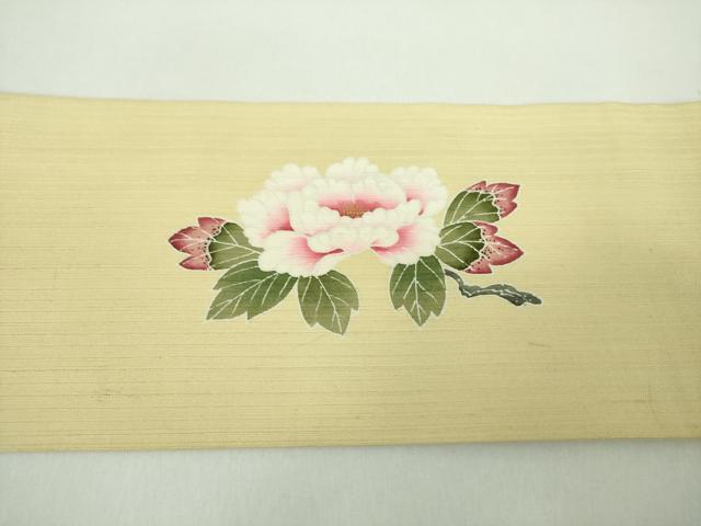 平和屋着物●九寸名古屋帯　紬地　作家物　型染　唐獅子に牡丹　正絹　逸品　DABD1707ps 平和屋着物○九寸名古屋帯 紬地 作家物 型染 唐獅子に