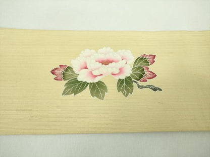 平和屋着物●九寸名古屋帯　紬地　作家物　型染　唐獅子に牡丹　正絹　逸品　DABD1707ps