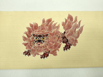 平和屋着物●九寸名古屋帯　紬地　作家物　型染　唐獅子に牡丹　正絹　逸品　DABD1707ps