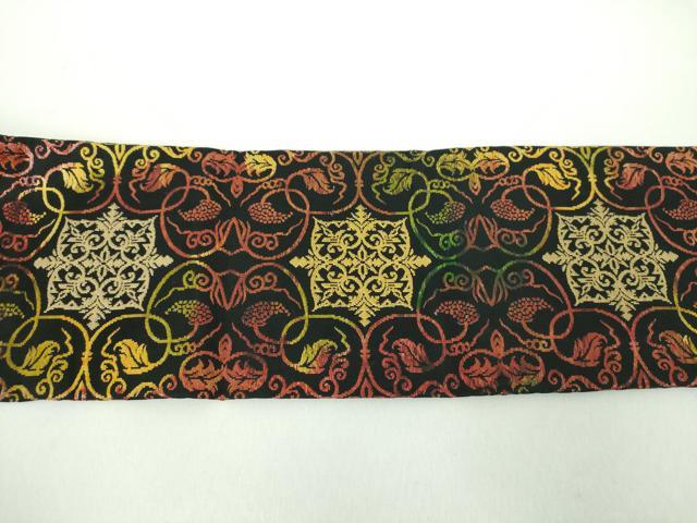平和屋着物●九寸名古屋帯　葡萄唐草文錦　黒地　金糸　正絹　逸品　DABD1708ps