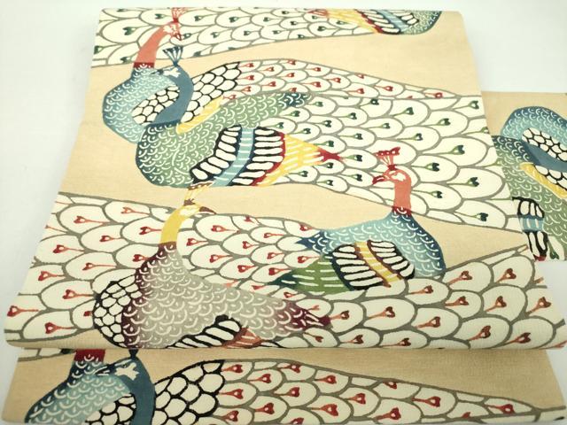 平和屋着物●九寸名古屋帯　紅型　孔雀文　お召縮緬　正絹　逸品　DABD1713ps