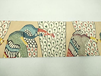 平和屋着物●九寸名古屋帯　紅型　孔雀文　お召縮緬　正絹　逸品　DABD1713ps