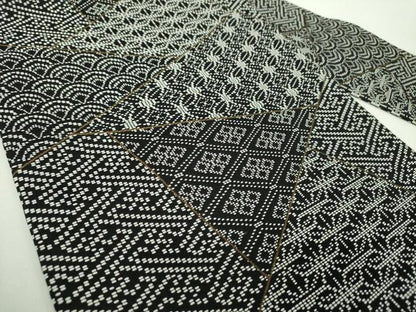 平和屋着物●九寸名古屋帯　刺し子　総刺繍　切嵌文様　黒地　正絹　逸品　未使用　DABD1723ps