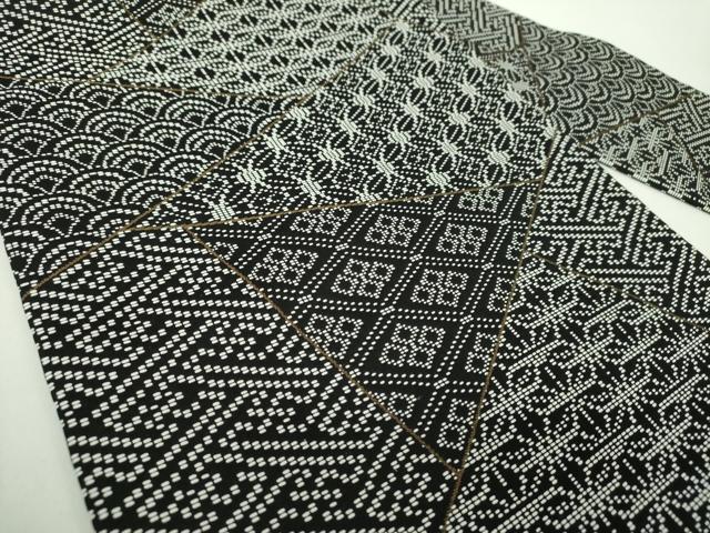 平和屋着物●九寸名古屋帯　刺し子　総刺繍　切嵌文様　黒地　正絹　逸品　未使用　DABD1723ps