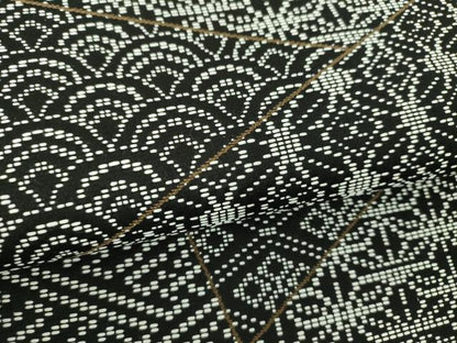 平和屋着物●九寸名古屋帯　刺し子　総刺繍　切嵌文様　黒地　正絹　逸品　未使用　DABD1723ps