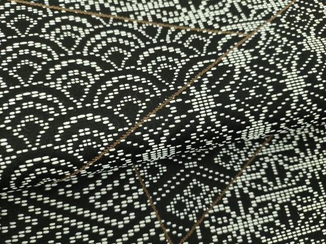 平和屋着物●九寸名古屋帯　刺し子　総刺繍　切嵌文様　黒地　正絹　逸品　未使用　DABD1723ps