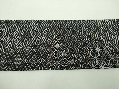 平和屋着物●九寸名古屋帯　刺し子　総刺繍　切嵌文様　黒地　正絹　逸品　未使用　DABD1723ps