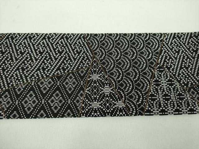 平和屋着物●九寸名古屋帯　刺し子　総刺繍　切嵌文様　黒地　正絹　逸品　未使用　DABD1723ps